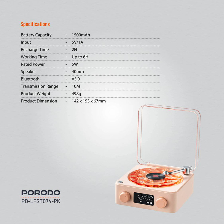 اسپیکر قابل حمل و دستگاه طرح گرامافون (White Noise) از برند Porodo Lifestyle