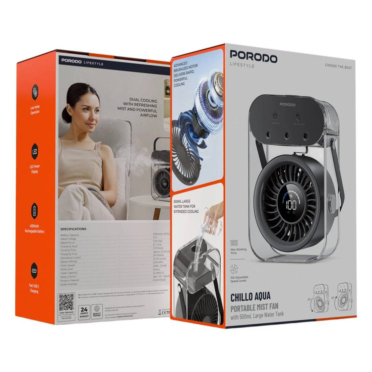 پنکه شارژی و رطوبتساز (مست فن - Mist Fan) قابل حمل از برند Porodo Lifestyle مدل PDLFSTZH26