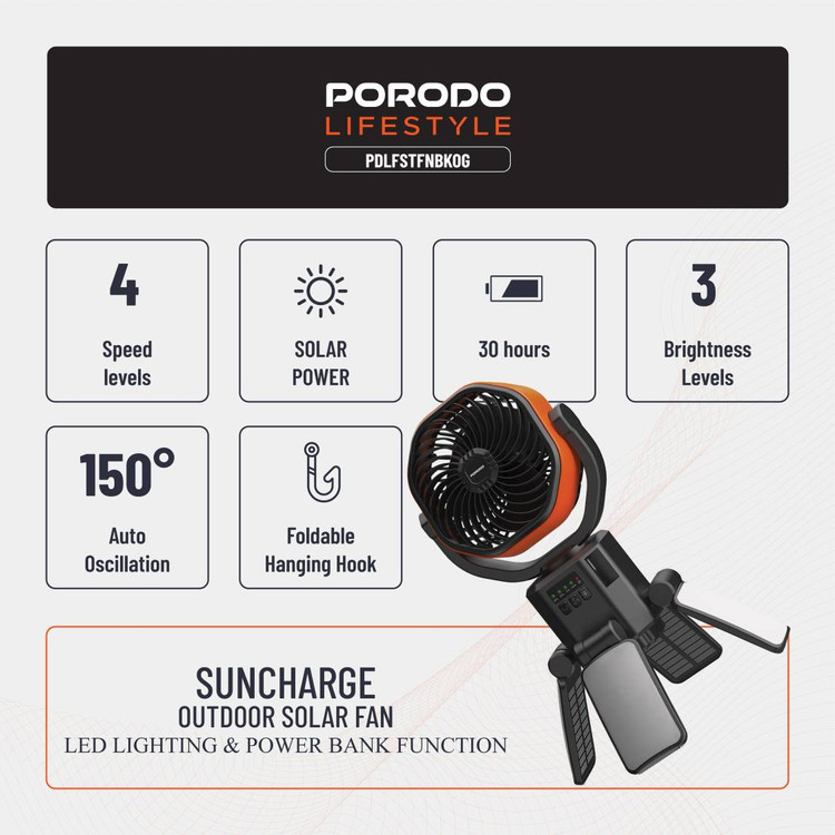پنکه خورشیدی سفری پورودو Porodo Lifestyle Suncharge Outdoor Solar Fan