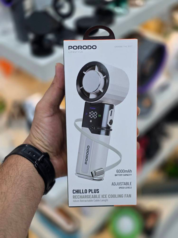 فن دستی شارژی و پاوربانک پرتابل Porodo Lifestyle Chillo Plus مدل MF120
