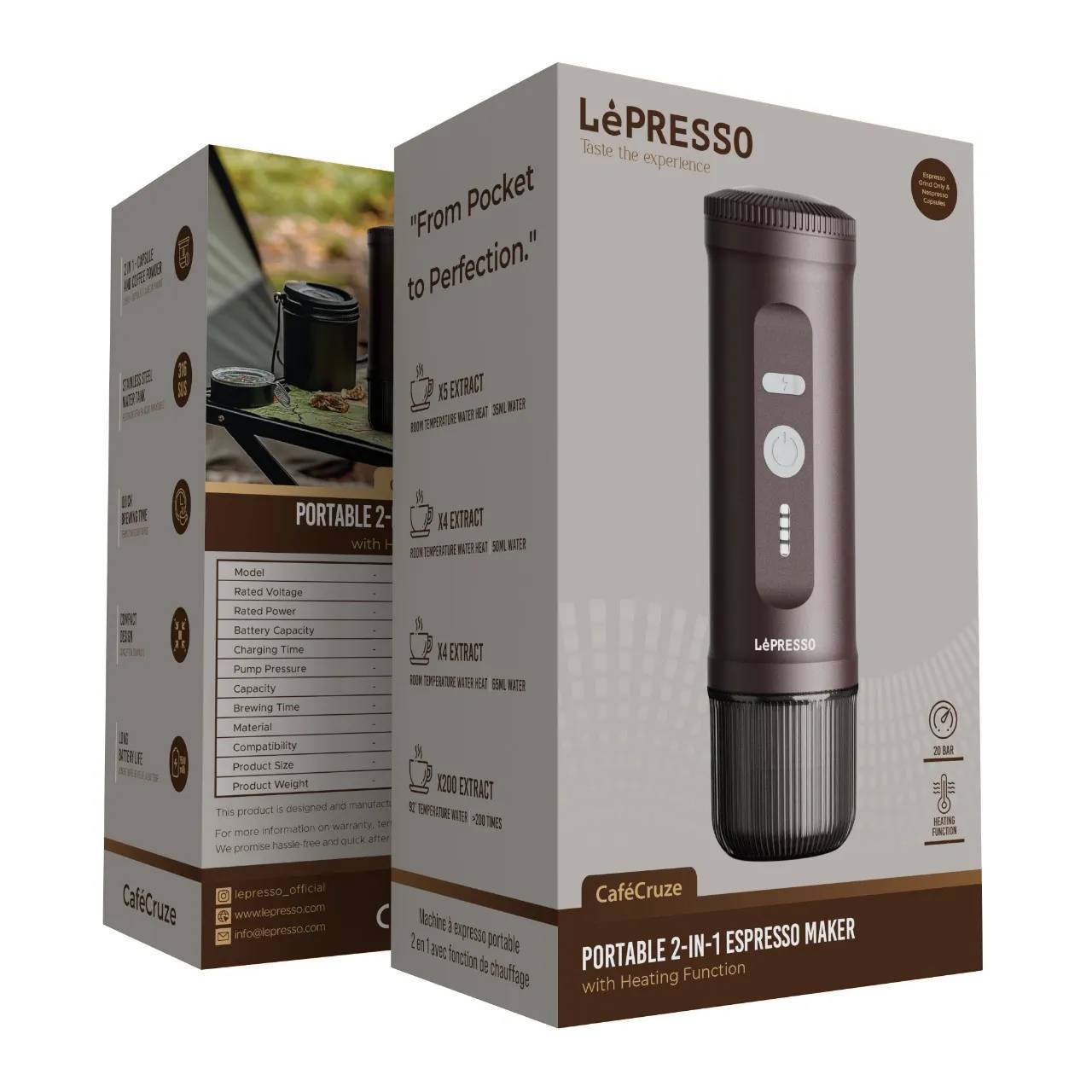 اسپرسوساز قابل حمل (پرتابل) از برند LePRESSO مدل LPCFFPCM0095 قابلیت گرم کردن آب