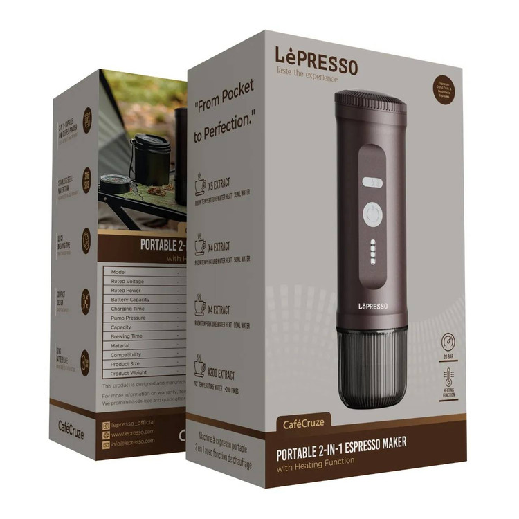 اسپرسوساز قابل حمل (پرتابل) از برند LePRESSO مدل LPCFFPCM0095 قابلیت گرم کردن آب