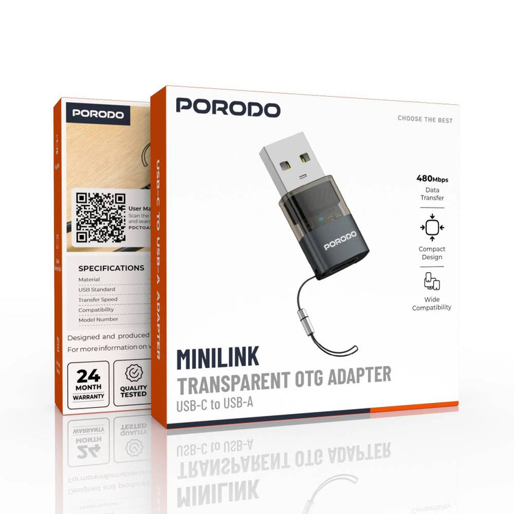 تبدیل (آداپتور) شفاف USB-C به USB-A برند Porodo