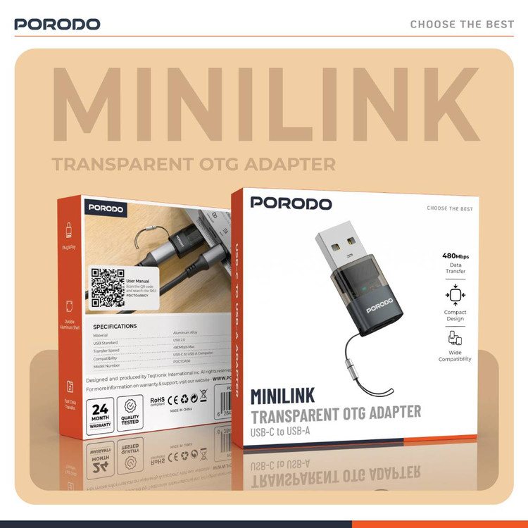 تبدیل (آداپتور) شفاف USB-C به USB-A برند Porodo