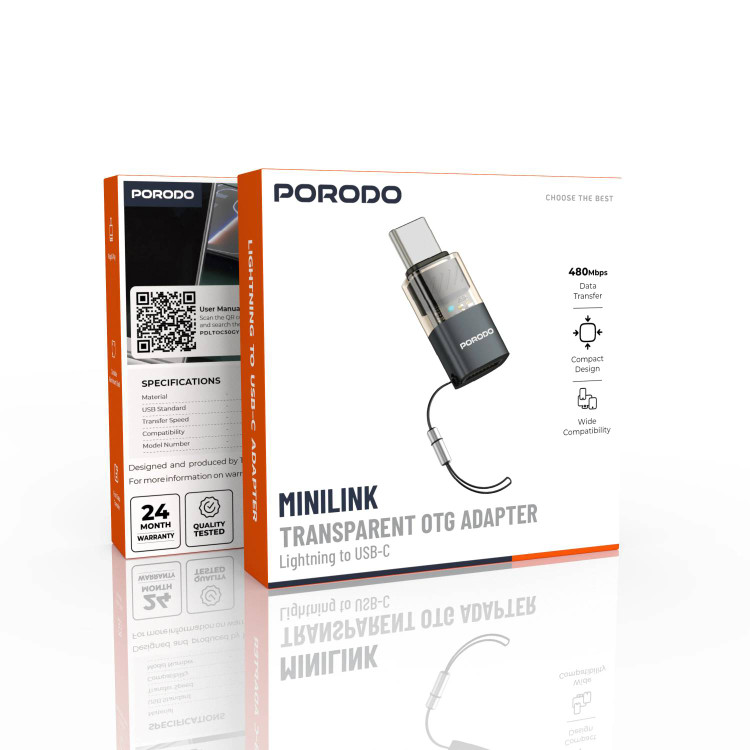 مبدل OTG لایتنینگ به تایپ سی (Lightning to USB-C) برندPorodo مدل PDLTOC50GY | چکاوک گالری