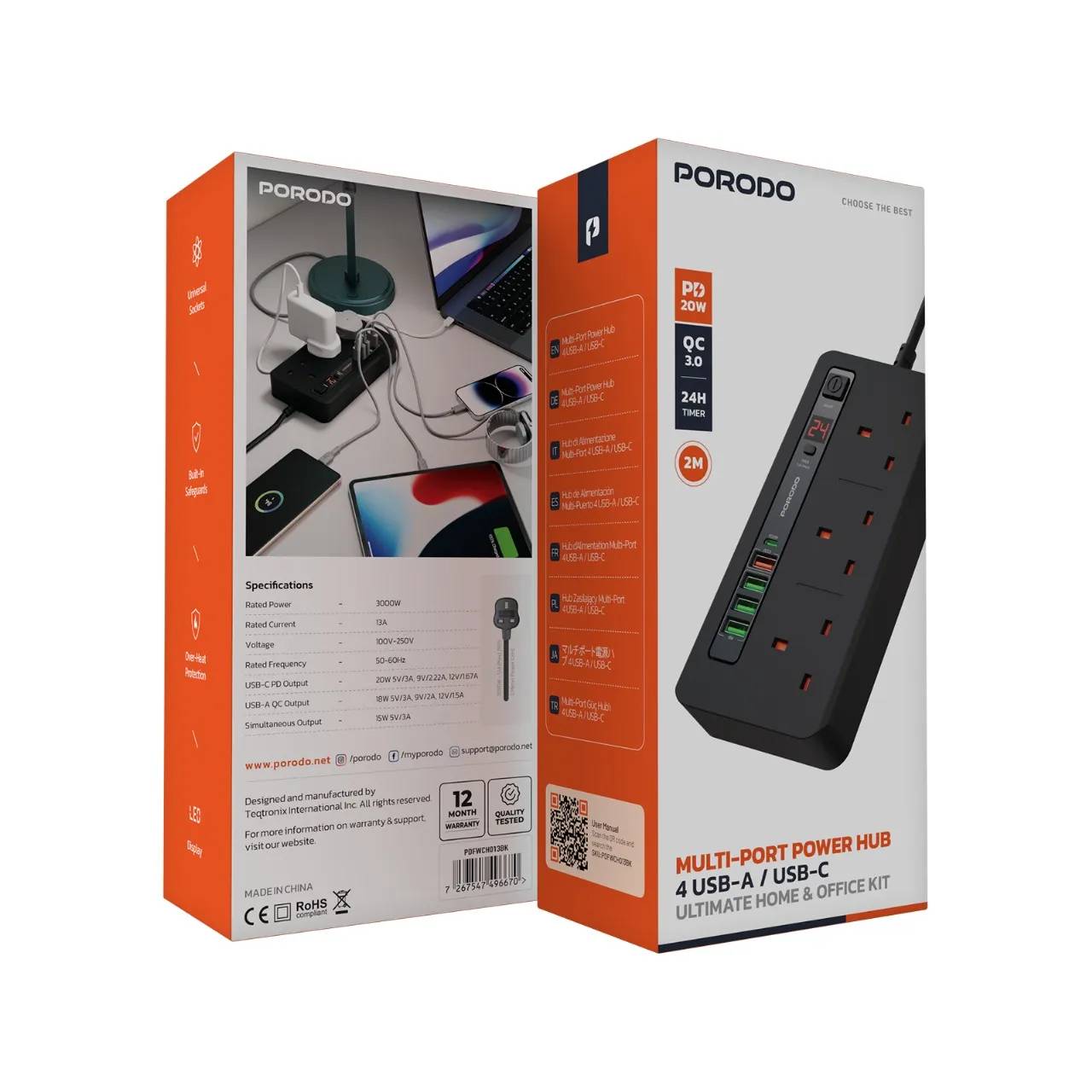 چندراهی و هاب شارژ هوشمند از برند Porodo مدل سری PD-FWCH013 با کابل ۲ متری