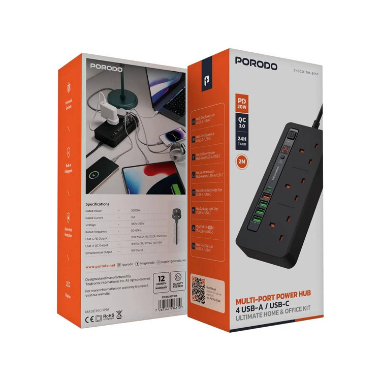 چندراهی و هاب شارژ هوشمند از برند Porodo مدل سری PD-FWCH013 با کابل ۲ متری