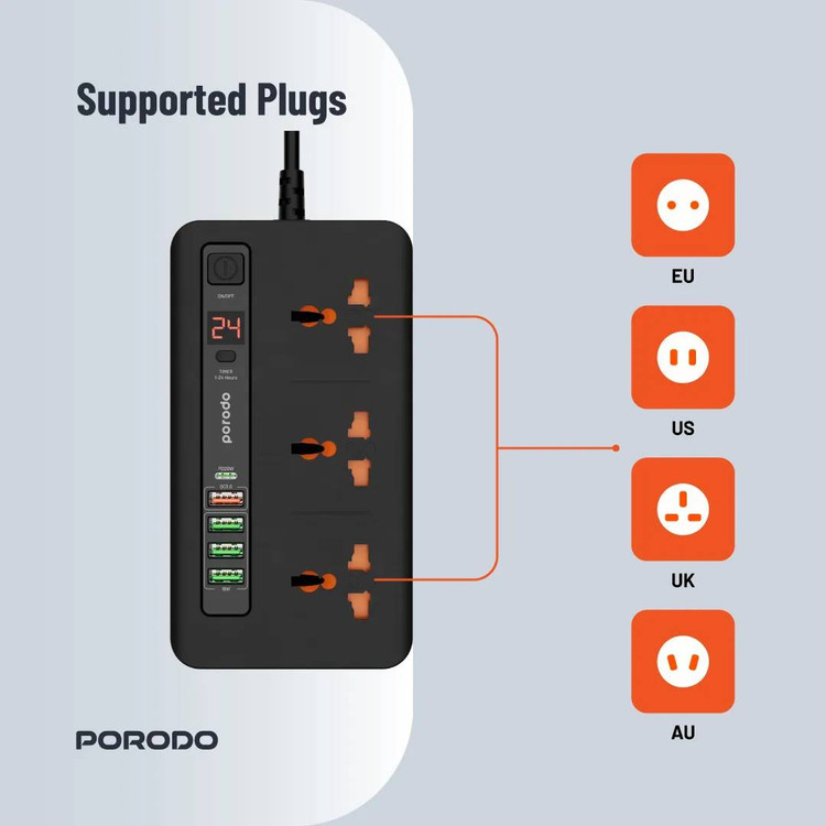 چندراهی و هاب شارژ هوشمند از برند Porodo مدل سری PD-FWCH013 با کابل ۲ متری