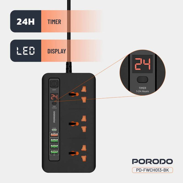چندراهی و هاب شارژ هوشمند از برند Porodo مدل سری PD-FWCH013 با کابل ۲ متری