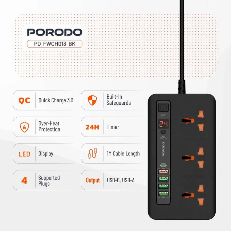 چندراهی و هاب شارژ هوشمند از برند Porodo مدل سری PD-FWCH013 با کابل ۲ متری