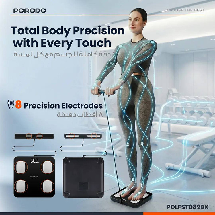 ترازو و آنالیزور هوشمند بدن کد PDLFST089BK برند Porodo (Porodo Lifestyle Precise Analysis Smart Scale)