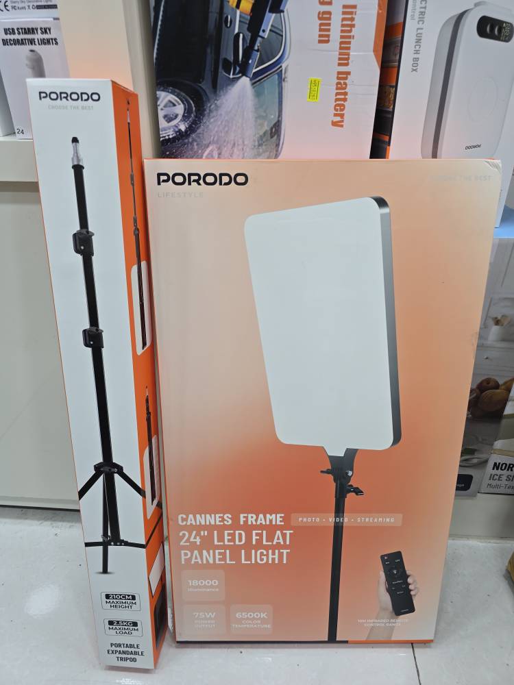 پنل نوری تخت ۲۴ اینچ مدل PDRL28 همراه سه پایه برند Porodo (Porodo Lifestyle Cannes Frame 24" LED Flat Panel Light)