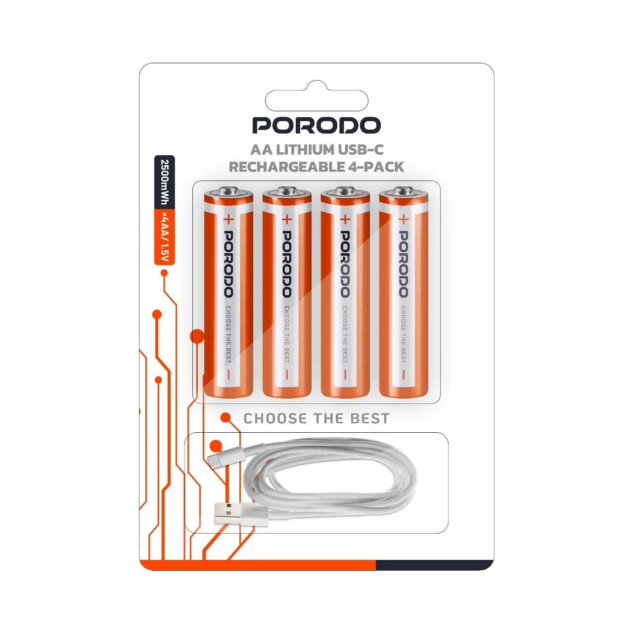 پک ۴ عددی باتری قلمی شارژی لیتیومی برند Porodo  (Porodo AA Lithium USB-C Rechargeable Battery)
