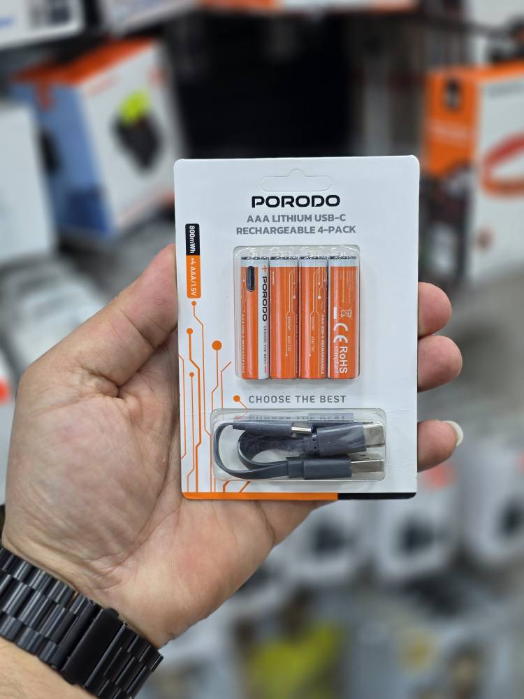 پک ۴ عددی باطری نیمقلمی (AAA) قابل شارژ لیتیومی مدل PDAAA8RB برند پرودو (Porodo)